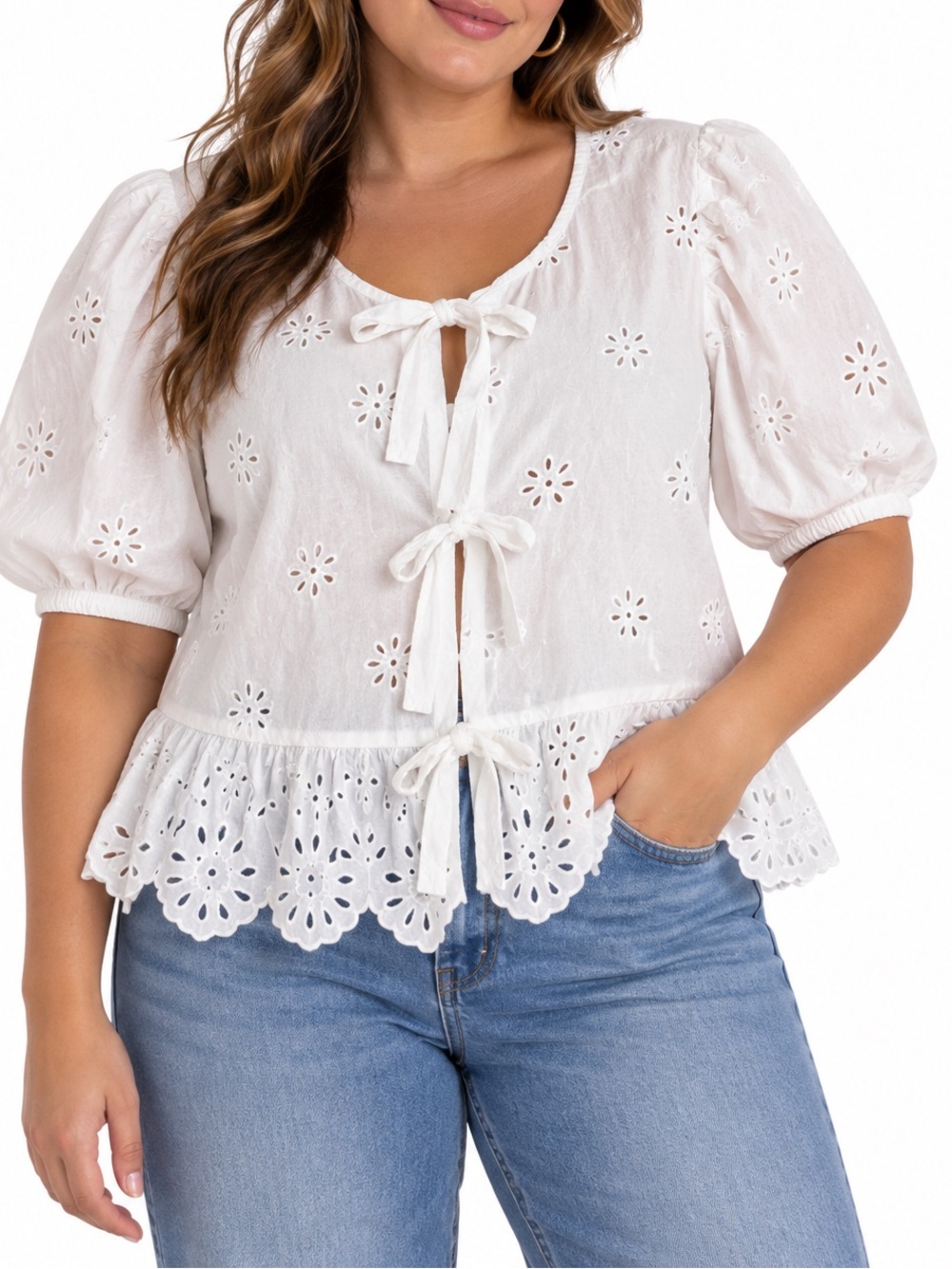 Sim & Sam Cotton White Eyelet Tie-Front Peplum Blouse with Puff Sleeves